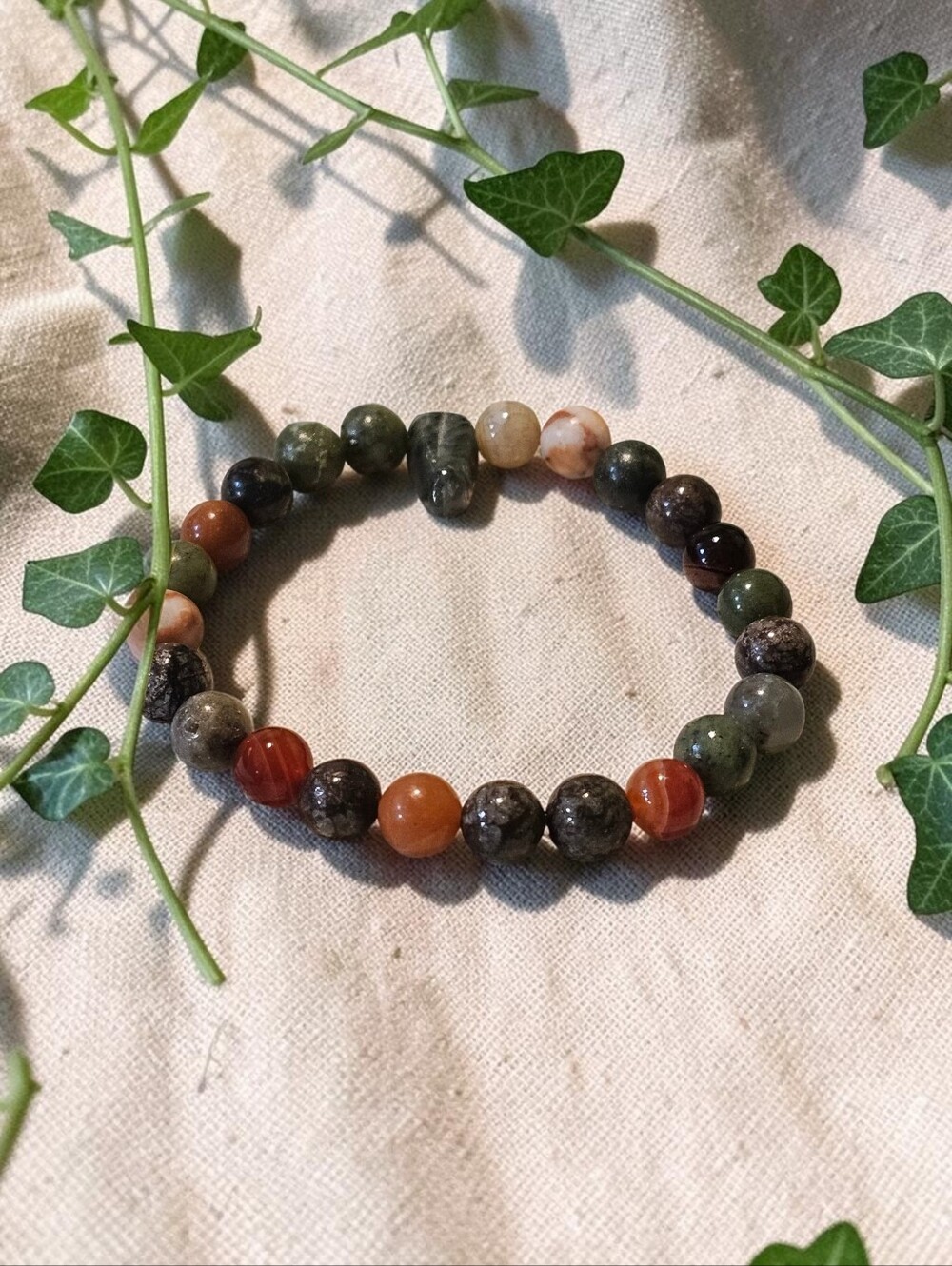Earth Tone Grounding Multi-Stone Beaded Stretch Bracelet - Green & Orange